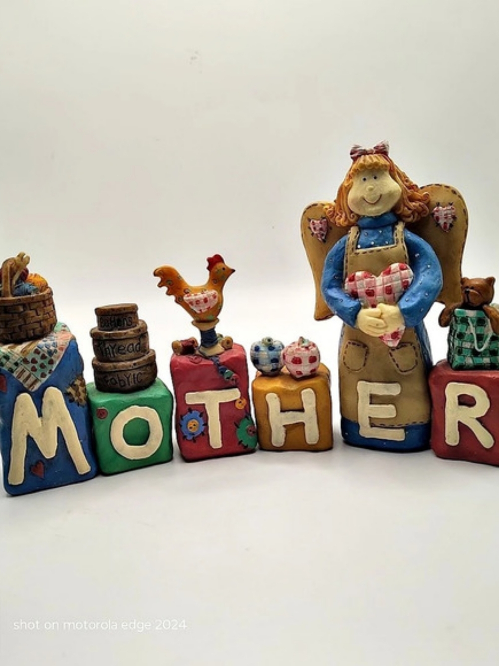 VTG Blossom Bucket MOTHER Block Figurine Suzi Skoglund Primitive Folk Art Resin